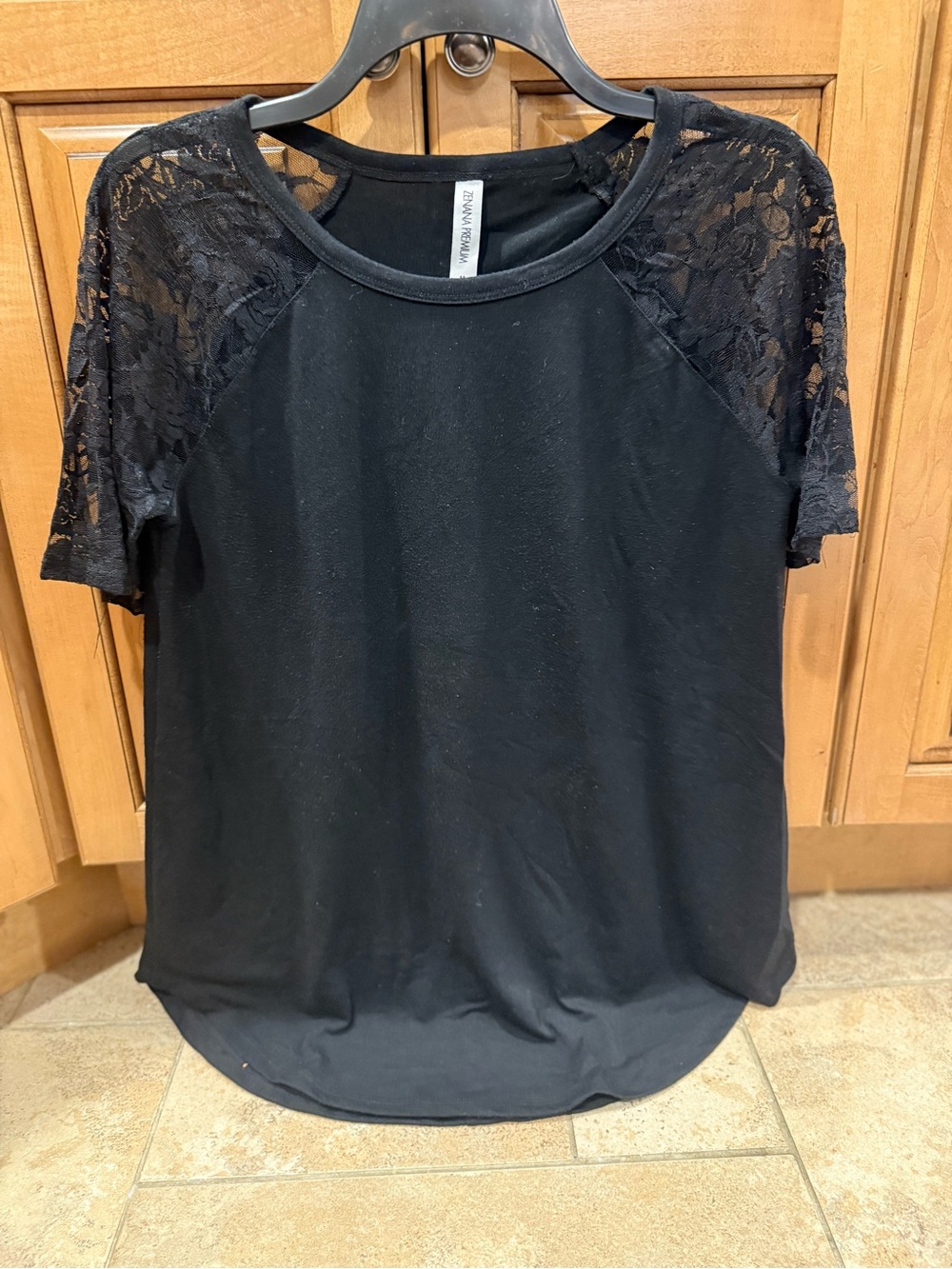 Zenana premium Black Lace Raglan Short Sleeve Top